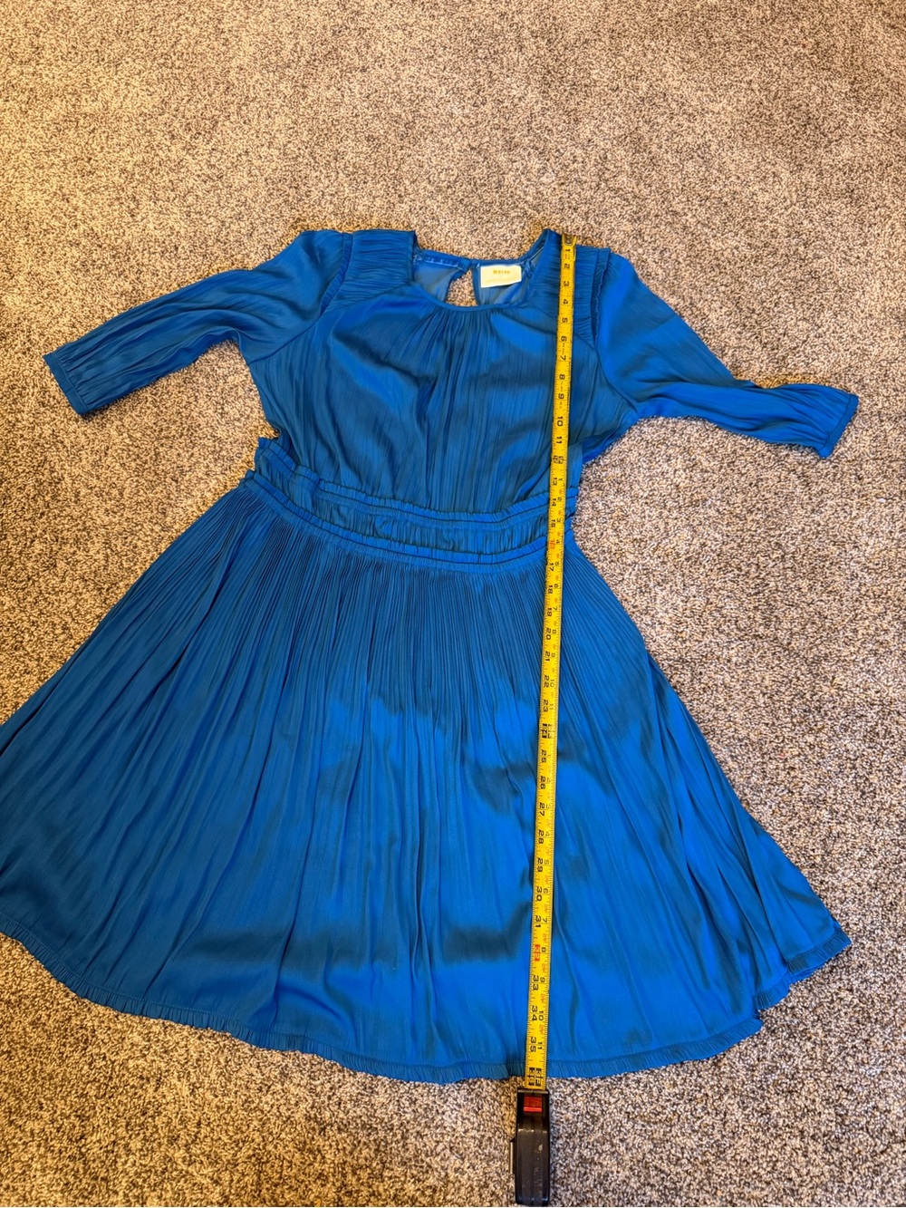 Anthropologie Maeve Saniya Blue Shiny Silky Pleated 3/4 Sleeve Mini Dress Sz M - Picture 7 of 10